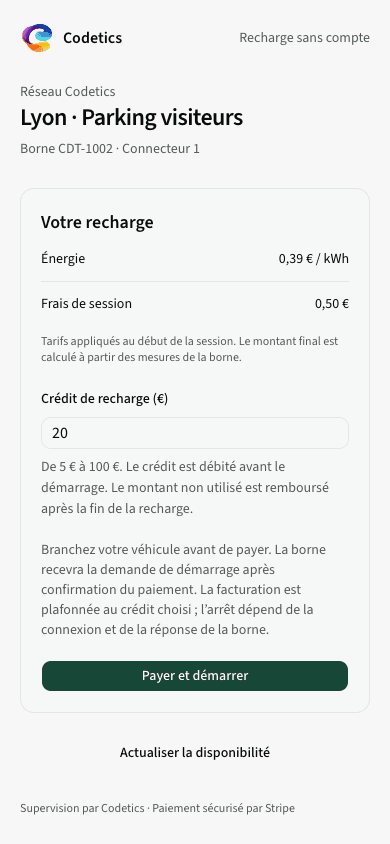 Portail de recharge sans compte sur téléphone : tarif, choix du crédit et bouton Payer et démarrer.