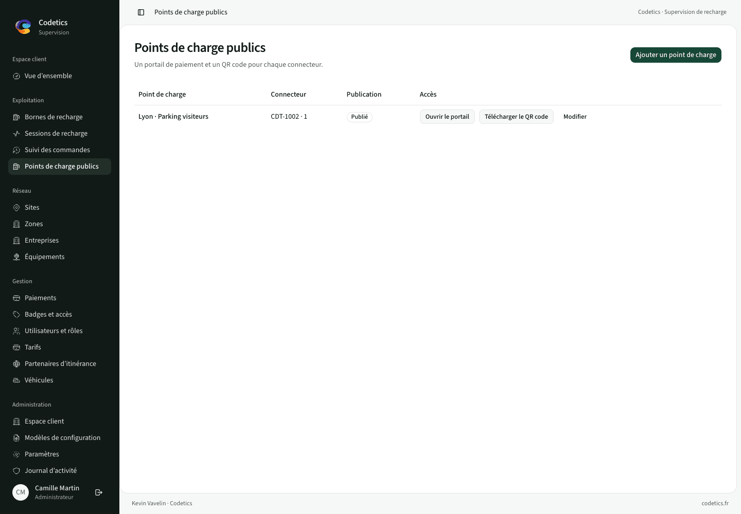 Points de charge publics : un point publié, son connecteur, l'ouverture du portail et le téléchargement du QR code.